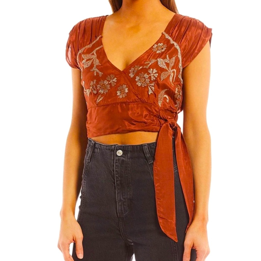 Free People Sahara Floral Embroidered V-Neck Cap Raglan Sleeve Side Tie Top.BB